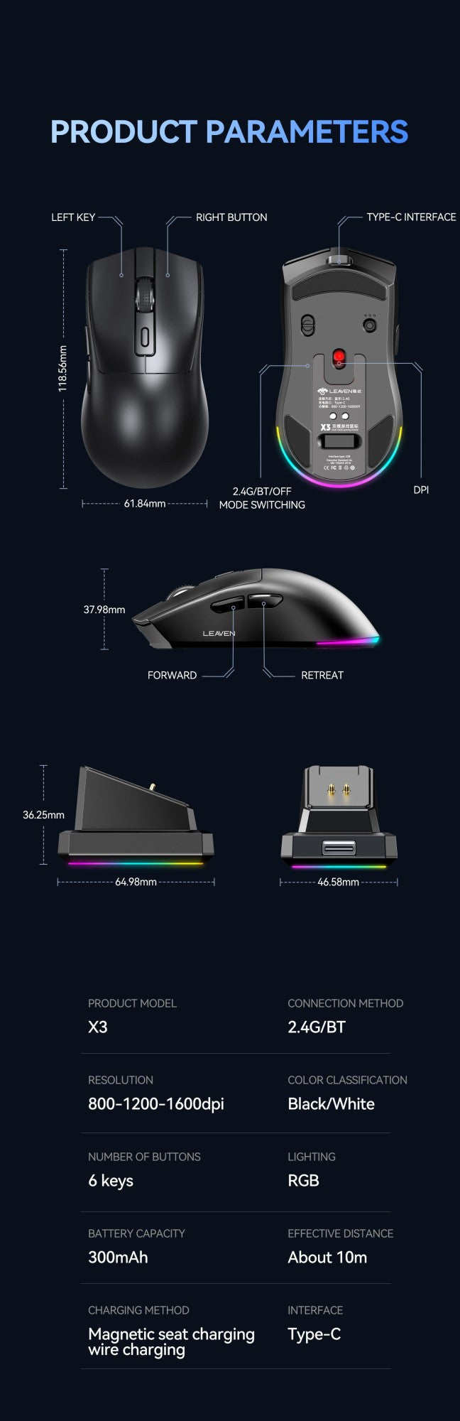 Dual-Mode Wireless Mouse | Magnetic Charging Dock | RGB Backlit | 3-Speed DPI (800-1200-1600) | 2.4G/BT | Suitable for daily use