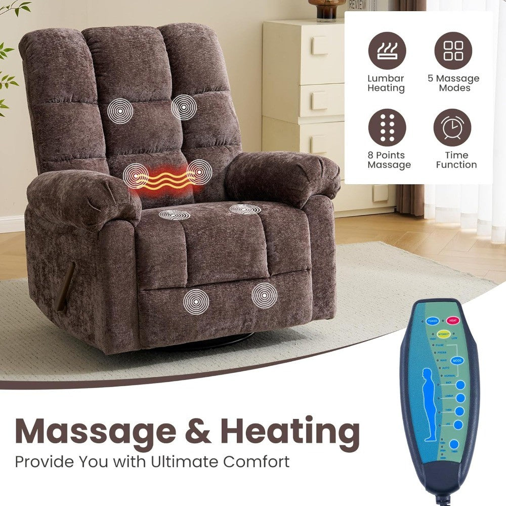 Oversized Swivel Rocker Recliner with Massage and Heat, 26" Extra Wide Manual Recliner for Adults & Big Man, Overstuffed Rocking