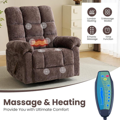 Oversized Swivel Rocker Recliner with Massage and Heat, 26" Extra Wide Manual Recliner for Adults & Big Man, Overstuffed Rocking