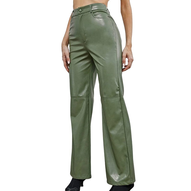 Leather Pants For Women High Waist Straight Slimming Side Pockets Solid Color Casual Party Spring Fall Trousers