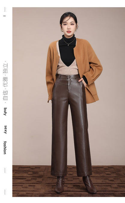 ZUZK Winter Pu Leather Pants New Elastic Waist Straight Pants PU Leather Trousers Large Size Fashion Warm Long Pants
