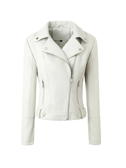 ? Biker Style Pu Leather Jacket for Women - Vegan Faux Motorcycle Jacket with Zipper & Buttons (Black/White/Red/Green)