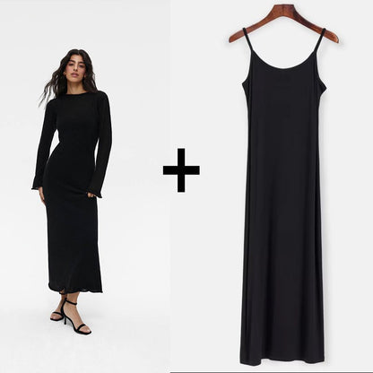 Spring Autumn O-Neck Elastic Knit Long Dresses Women 2024 Elegant Chic Soft Lady