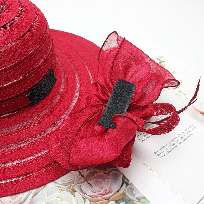 Novo Chapéu Feminino De Verão Em Organza Com Aba Larga E Flor Grande Fedora Elegante Para Casamento Igreja Festa