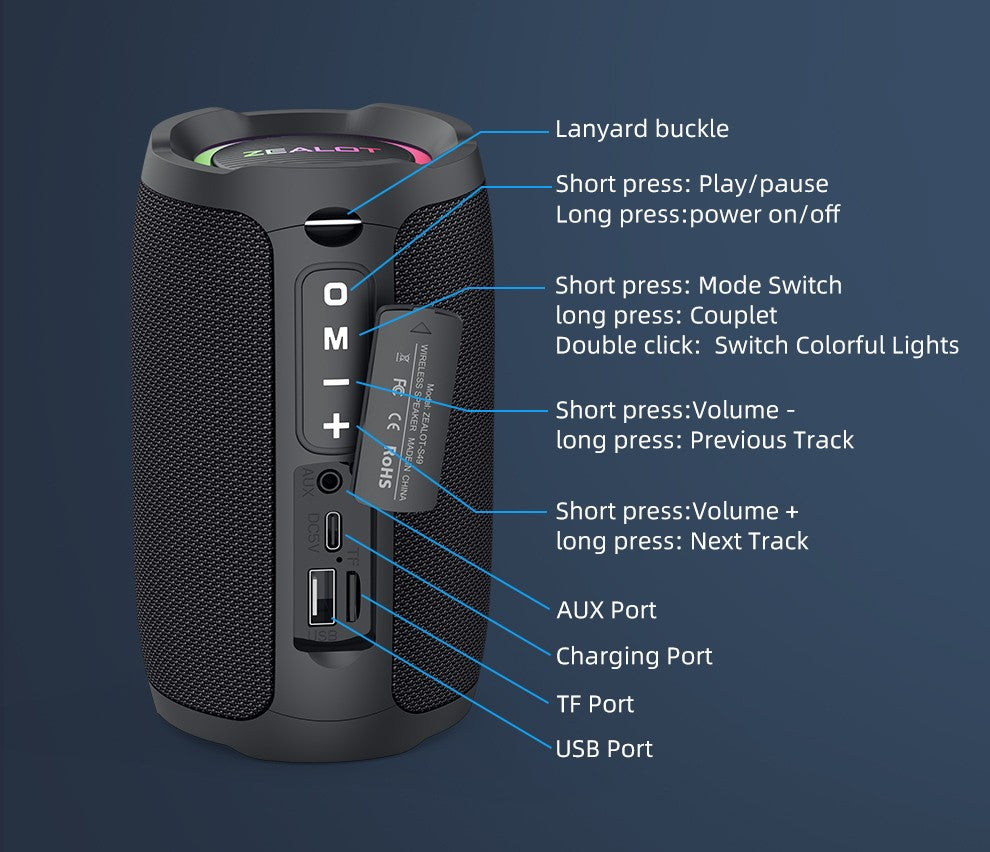 ZEALOT-S49 Alto-falante bluetooth portátil Som estéreo 360° 20W à prova d'água IPX6 bluetooth 5.0 Excelente desempenho de graves