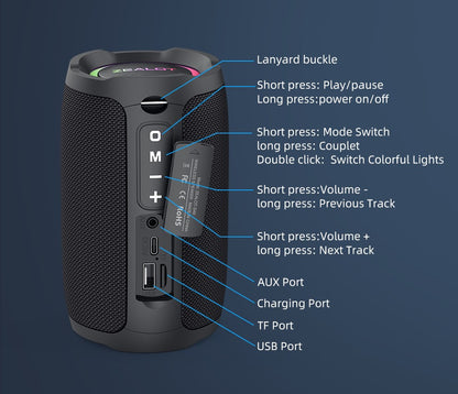 ZEALOT-S49 Alto-falante bluetooth portátil Som estéreo 360° 20W à prova d'água IPX6 bluetooth 5.0 Excelente desempenho de graves