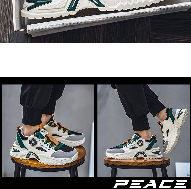Tênis masculino coreano com fivela rotativa, moda casual, esportivo, para as quatro estações, solado macio, antiderrapante, para corrida ao ar livre, tênis de estudante