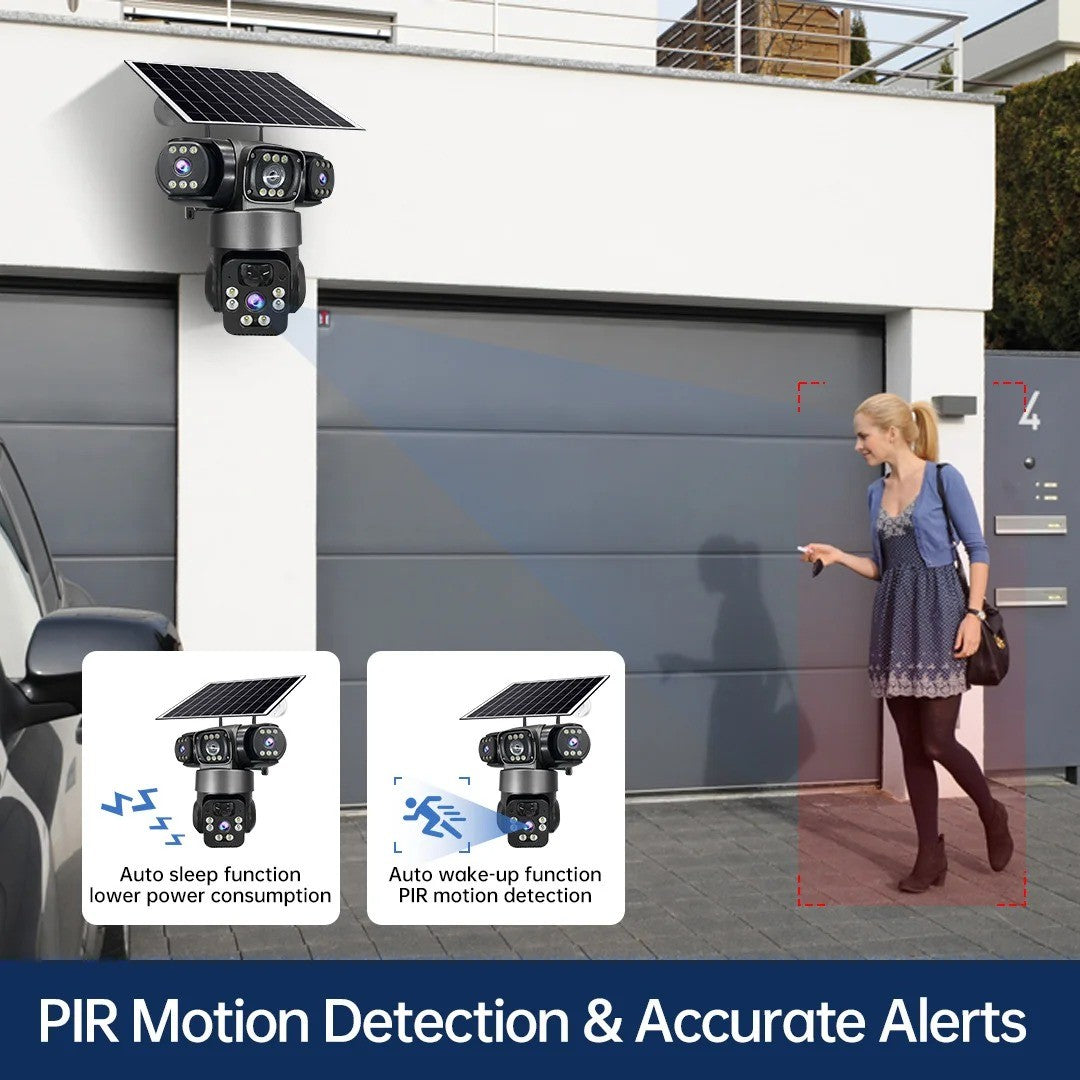 WiFi Solar Camera Three Lenses Outdoor 15MP 8K HD Low Power Battery IP Camera PIR Night Vision V380 Pro CCTV Security Protection