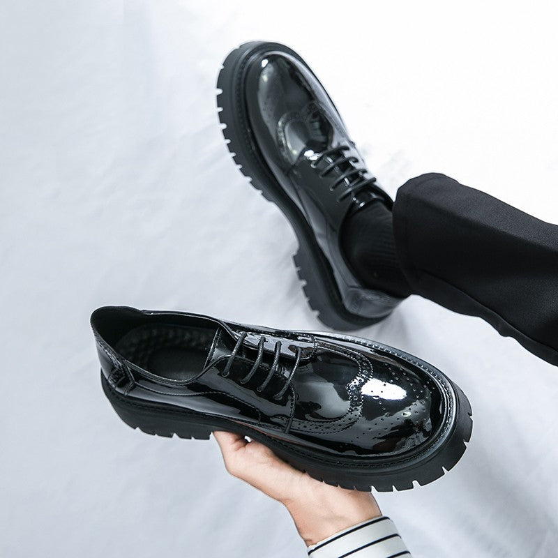 Leather shoes men's thick soles increase British style Brock business dress black senior sense wedding groom shoes 46 yards