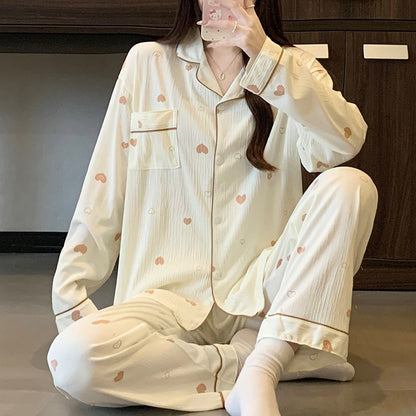 Women's Pajamas Set Bow Print Sleepwear Button Down Tops Long Pajama 2 Piece Suit Pyjama Femme Nightwear Loungewear for Winter