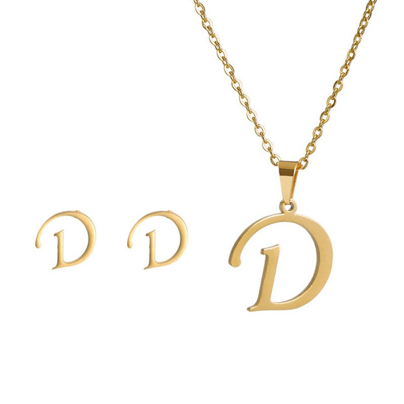 Conjunto Feminino de Colar e Brincos de Aço Inoxidável com Letra Inicial do Alfabeto A-Z - Joias Personalizadas de 26 Letras Inglesas - Presente