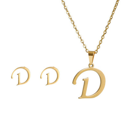 Conjunto Feminino de Colar e Brincos de Aço Inoxidável com Letra Inicial do Alfabeto A-Z - Joias Personalizadas de 26 Letras Inglesas - Presente