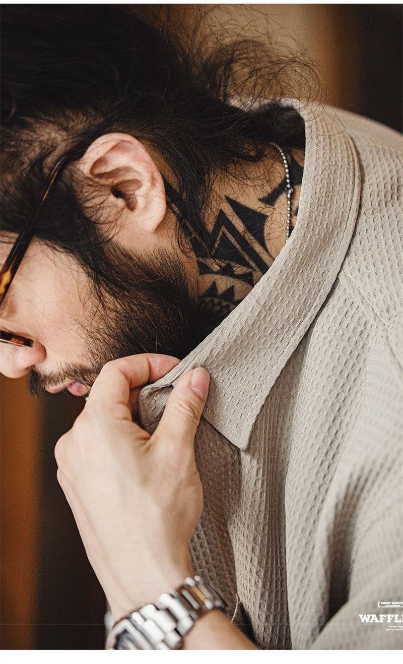 Summer Men's Waffle Short Sleeve Cargo Shirts 2025 New Casual Retro Breathable Lapel Blouse Y2K Vintage Streetwear Tee Shirt