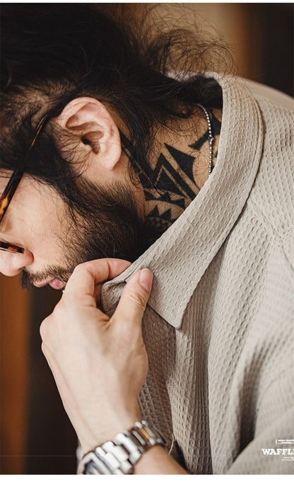 Summer Men's Waffle Short Sleeve Cargo Shirts 2025 New Casual Retro Breathable Lapel Blouse Y2K Vintage Streetwear Tee Shirt