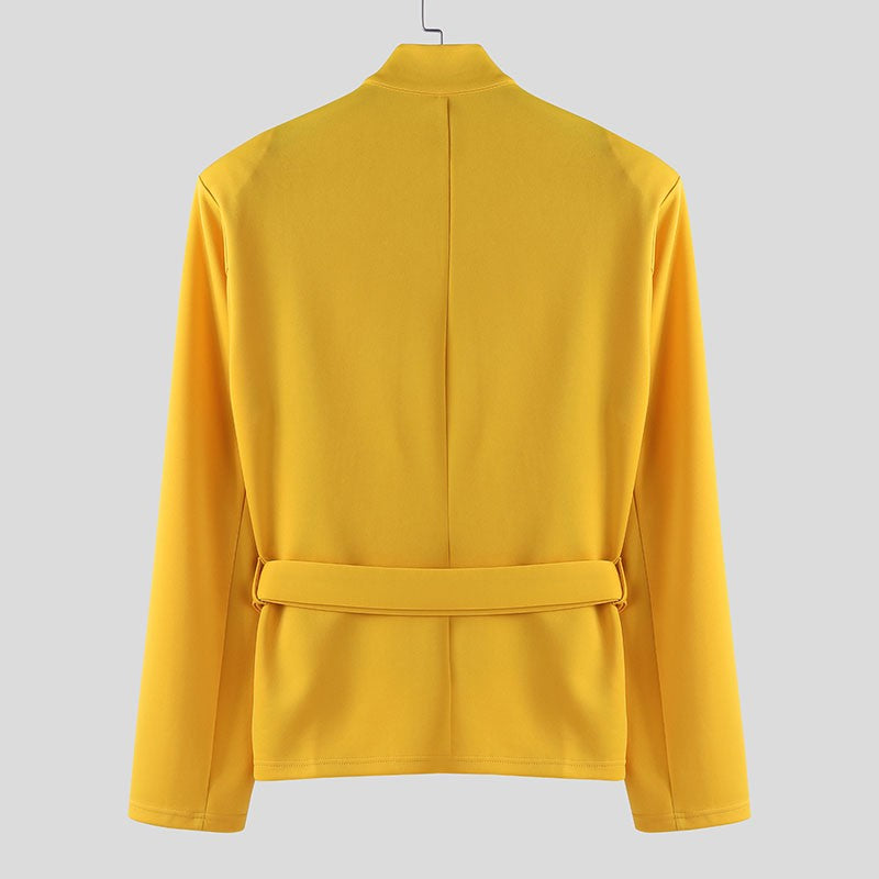 INCERUN Men Blazer Solid Stand Collar Long Sleeve Hollow Out Male Suit Streetwear Personality Fashion Casual Blazer With Belt