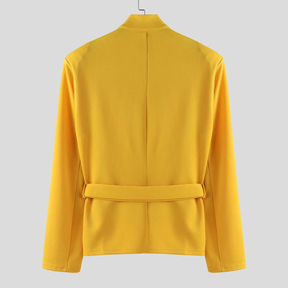 INCERUN Men Blazer Solid Stand Collar Long Sleeve Hollow Out Male Suit Streetwear Personality Fashion Casual Blazer With Belt