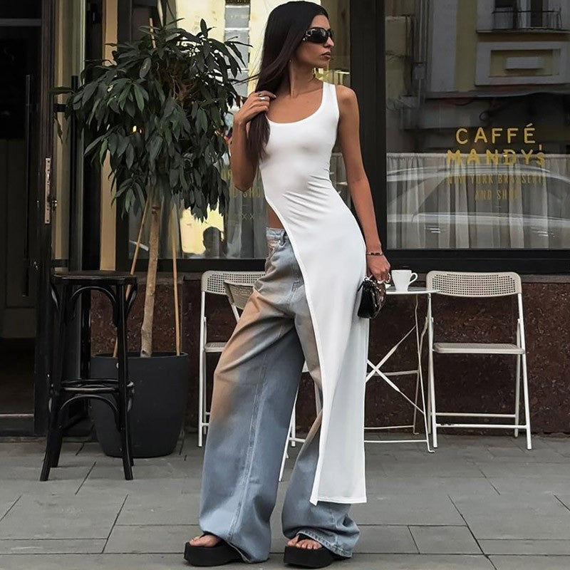 2025 Sexy Sleeveless Side High Split Dress Solid Backless Women Midi Dresses Sum