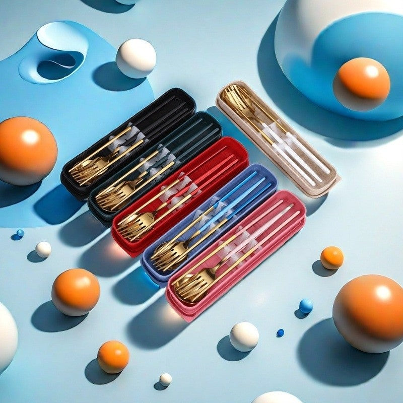 Conjunto Portátil de Utensílios de Aço Inoxidável - Colher, Garfo e Hashis de 3 Peças para Viagem, Acampamento, Almoço Escolar, Kit de Jantar Estilo Coreano