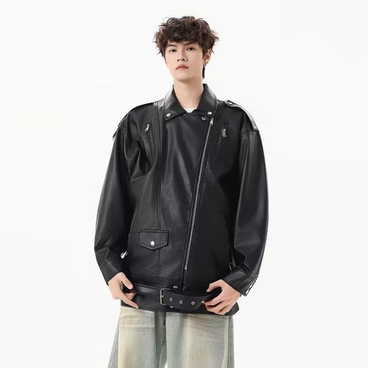 American Retro High Street Loose Motorcycle Biker Black Pu Faux Leather Jackets with Belt Spring Autumn Male Zipper Coat Outwear