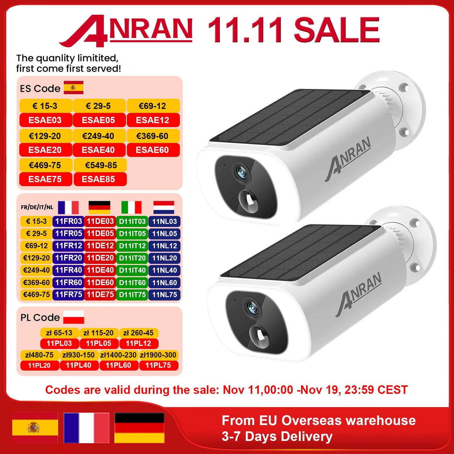 ANRAN 2/3/4 PCS Câmera WIFI Sem Fio Externa 2.4G 3MP Câmera de Segurança Solar com Bateria Holofote Visão Noturna Colorida Alarme Local