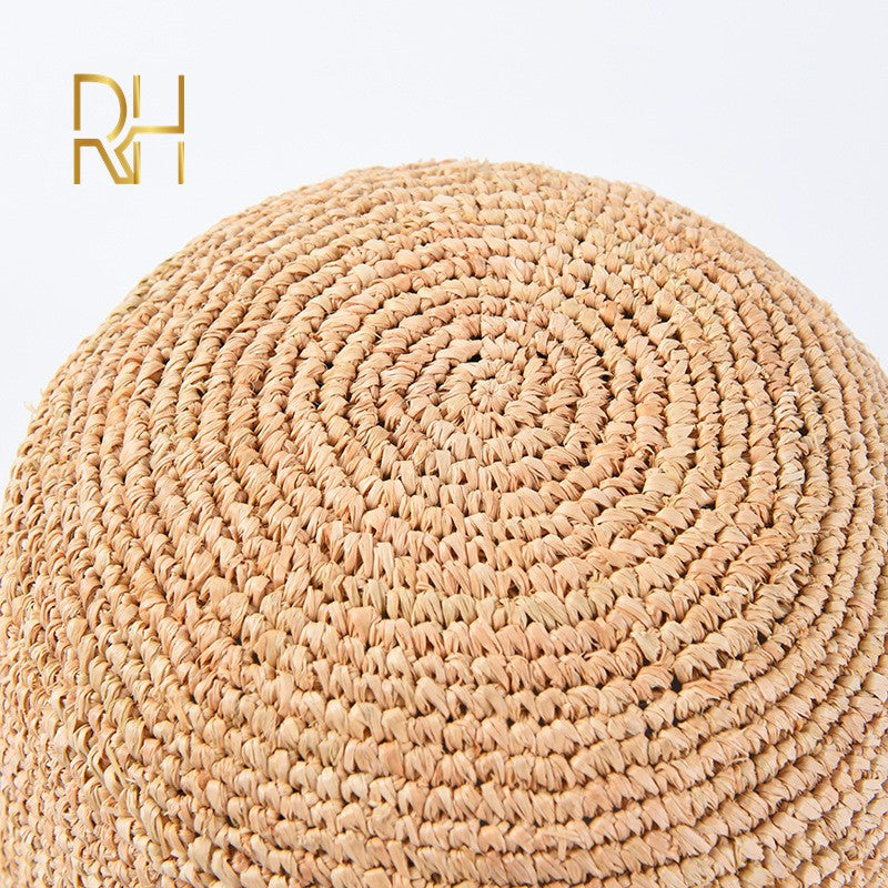 Chapéu de Balde de Crochê Feminino Feito à Mão de Palha de Ráfia Natural para Primavera Verão Praia Aba Larga Pescador