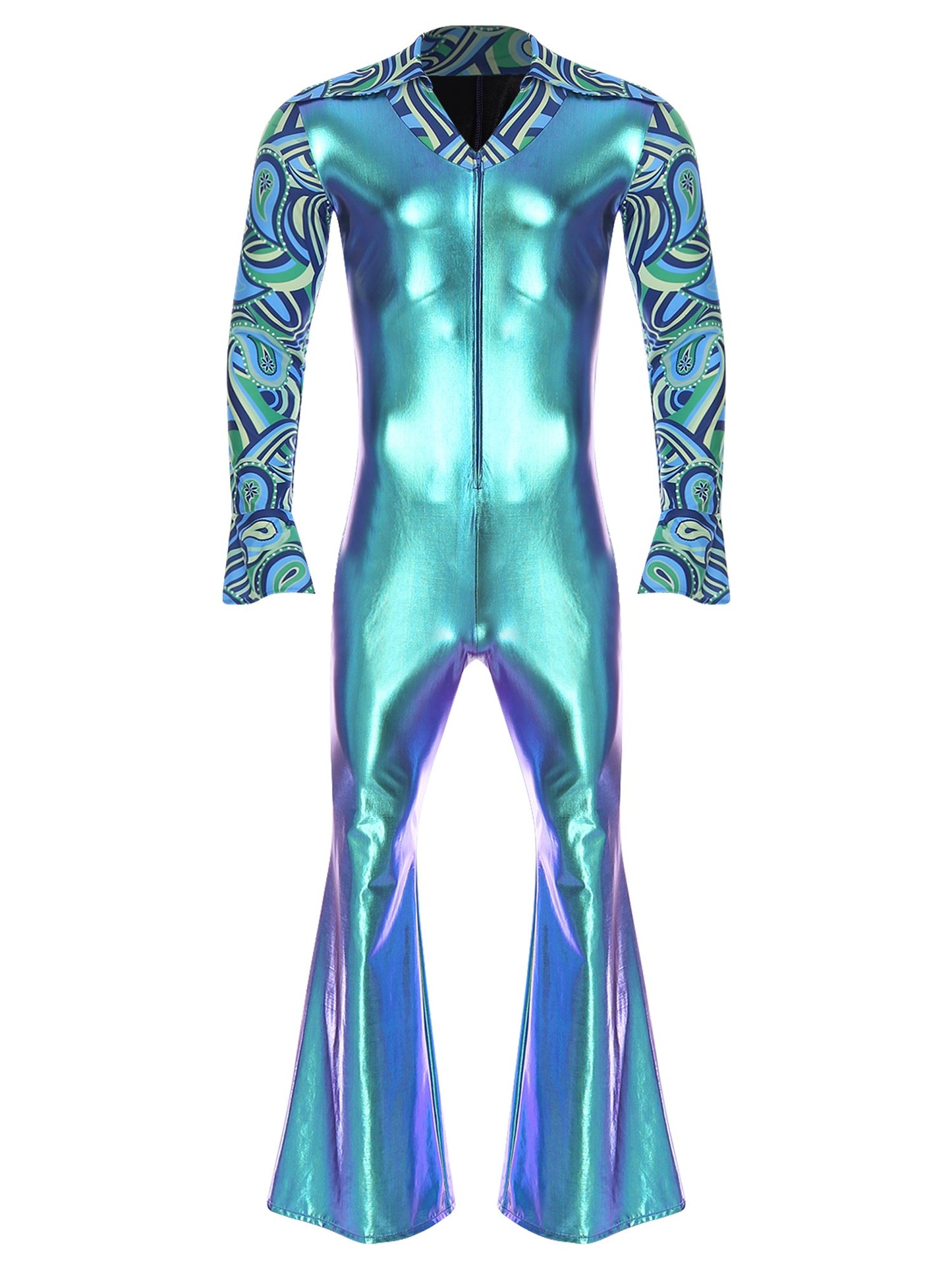 Men Bell Bottom Pants Jumpsuit Rompers Vintage 80s Disco Hippie Costume for Rock Jazz Dancewear Musical Theme Party Dress-up