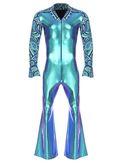 Men Bell Bottom Pants Jumpsuit Rompers Vintage 80s Disco Hippie Costume for Rock Jazz Dancewear Musical Theme Party Dress-up