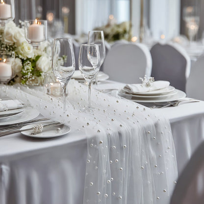 White Pearl Beaded Sheer Tulle Roll, Soft Gauze for Wedding Table Runner, Ceremony Arch Drape, Chair Sash,Bridal Shower Backdrop