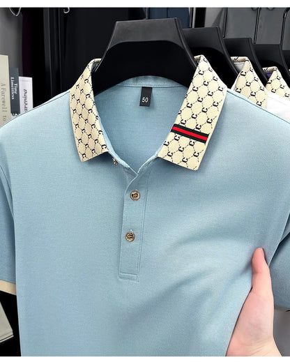 High quality men's short sleeve polo shirt summer light luxury business style comfort casual patchwork neckline fashion T-shirt
