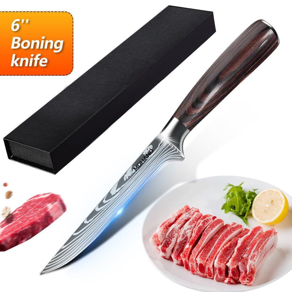 MDHAND Conjunto de Facas de Chef com Padrão de Damasco a Laser de 1 a 10 peças, Fatiador de Carne em Aço Inoxidável, Cutelo com Cabo de Madeira Antiderrapante, Coleção