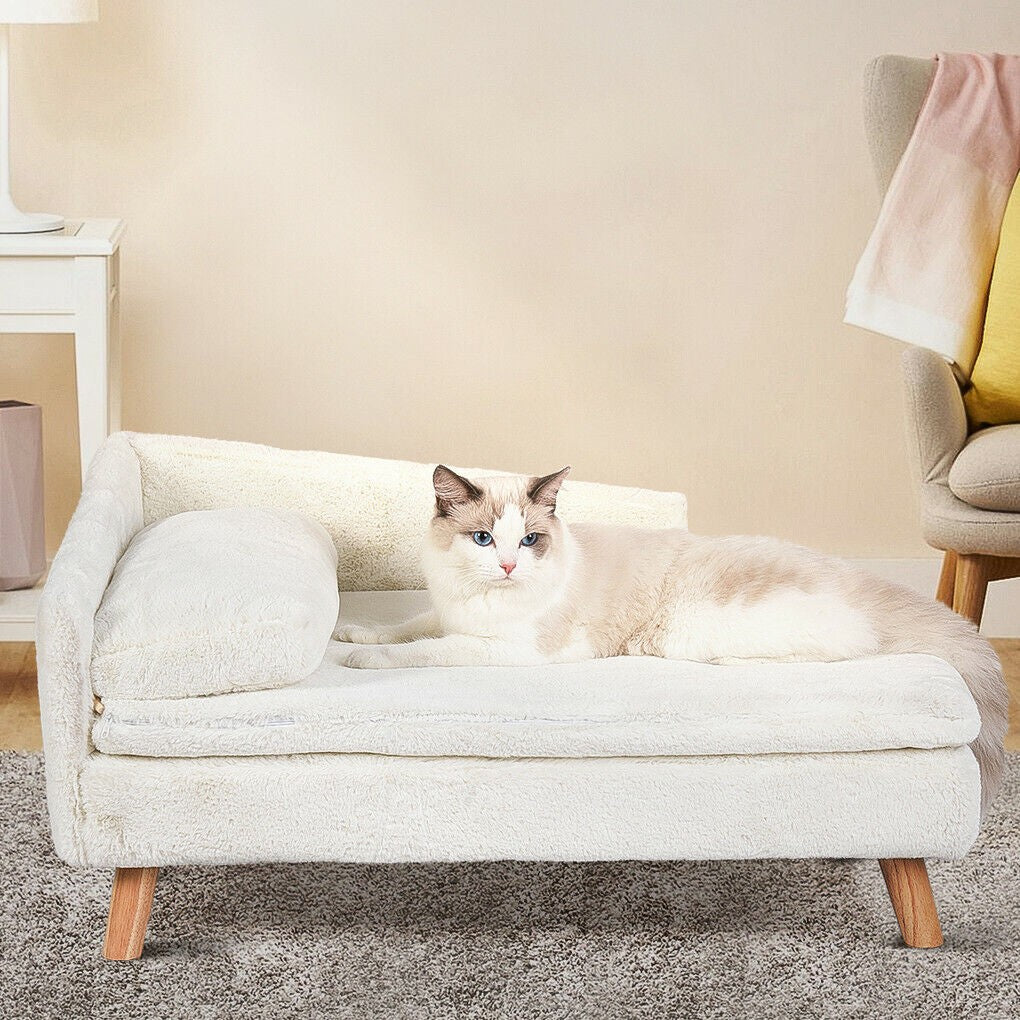Cama Elevada para Pets Sofá de Cachorro Gato com Pernas de Madeira Sólida para Ambientes Internos Sofá em L de Pelúcia com Almofada Macia