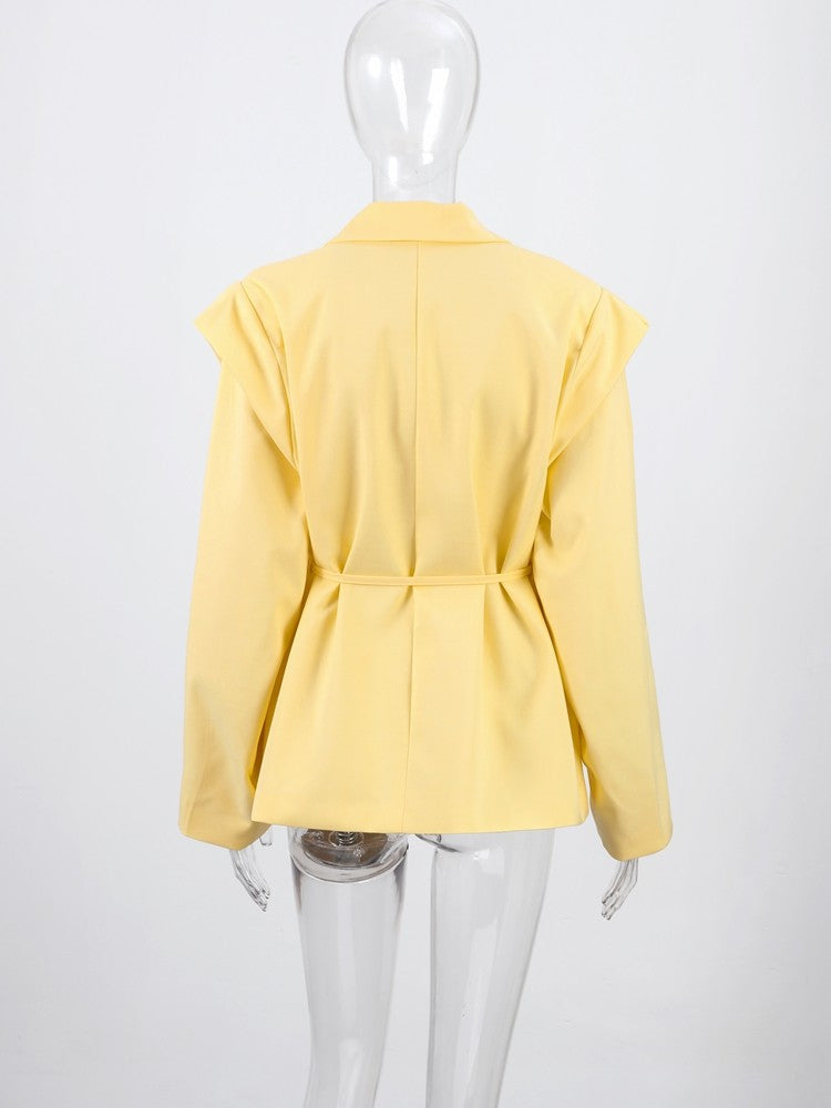 Lace Up Shoulder Pad Blazer Coat Women Elegant Turn-down Collar Long Sleeve Pockets Slim Fit Coats Chic Ladies Commute Outerwear