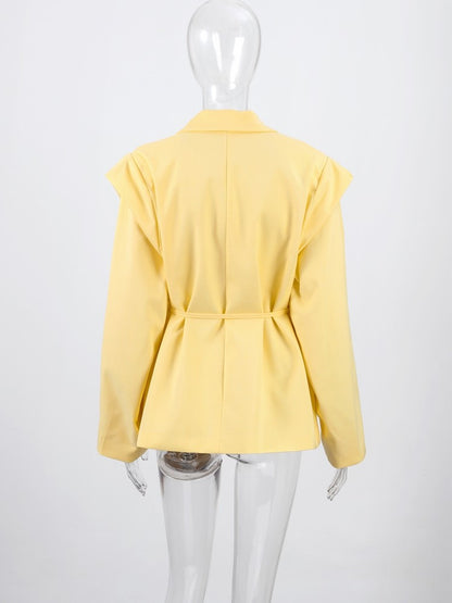 Lace Up Shoulder Pad Blazer Coat Women Elegant Turn-down Collar Long Sleeve Pockets Slim Fit Coats Chic Ladies Commute Outerwear