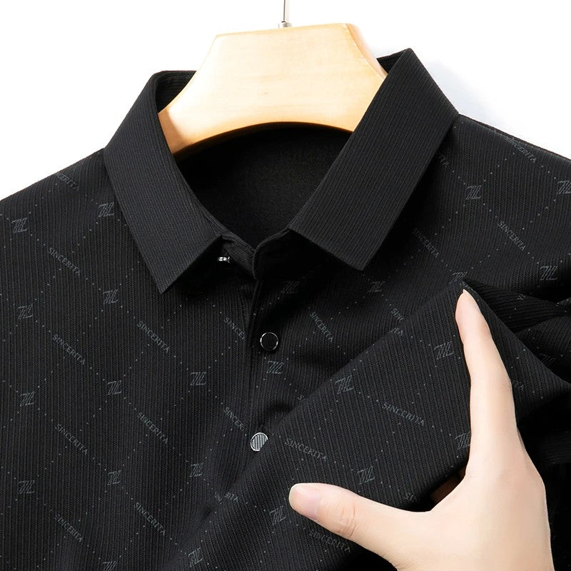 New Men's Business Casual Long Sleeved Shirt with Badge Solid Color Polo Shirt Fashionable Breathable Comfortable Versatile Top