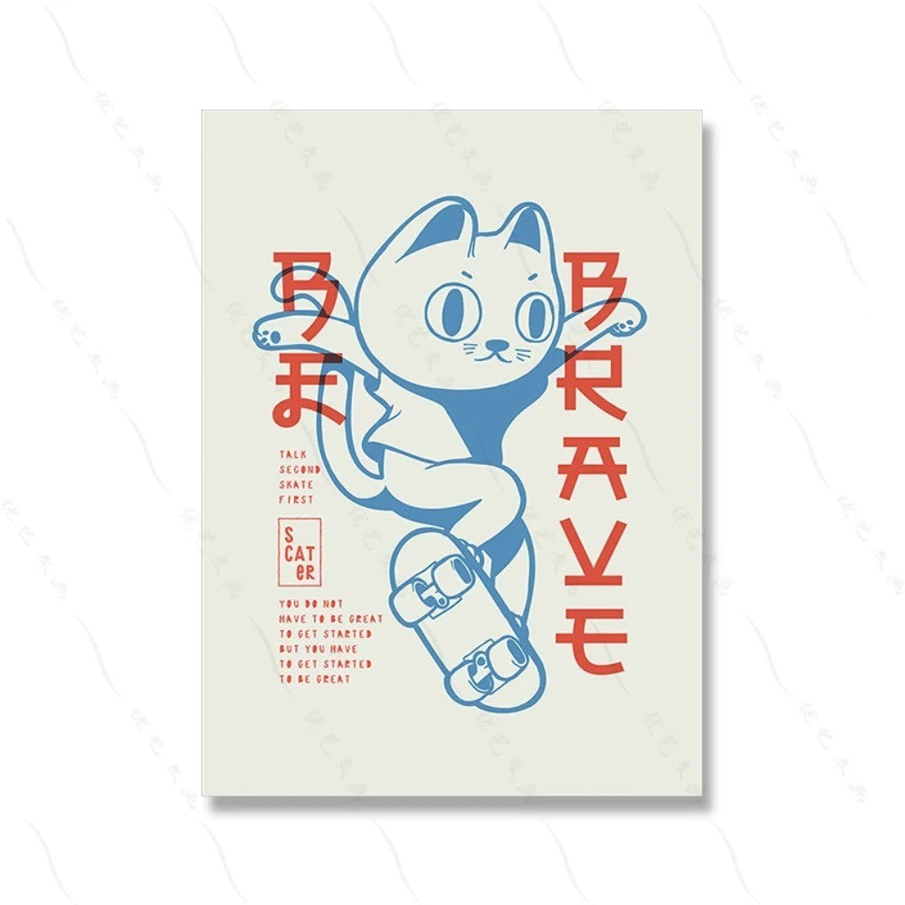 Be Brave Skater Cat Wall Art Winter Surfing Canvas Painting Posters Prints Cartoon Wall Kids Room Playroom Decor
