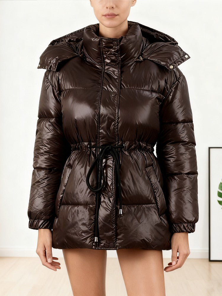 Chic Hooded Cotton Padded Jackets For Women Y2K Single Breasted Zipper Drawstring Coats 2026 Winter Pocket Long Sleeve Outerwear