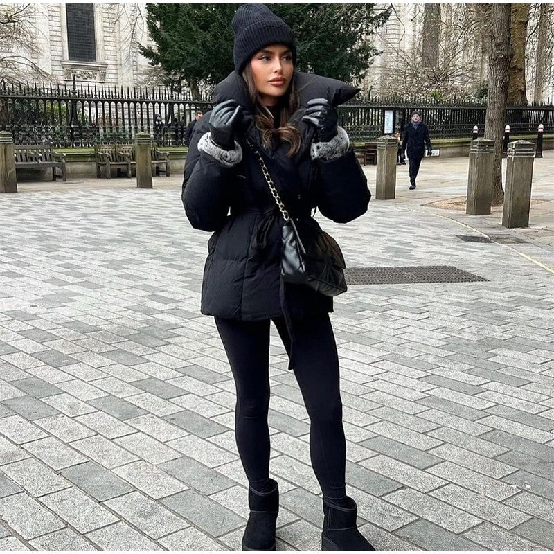 Solid Lapel Lace Up Cotton Coat Women Fashion Long Sleeve Warm Loose Pocket Short Coats Lady New Winter Commute Street Outwears