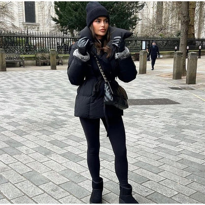 Solid Lapel Lace Up Cotton Coat Women Fashion Long Sleeve Warm Loose Pocket Short Coats Lady New Winter Commute Street Outwears