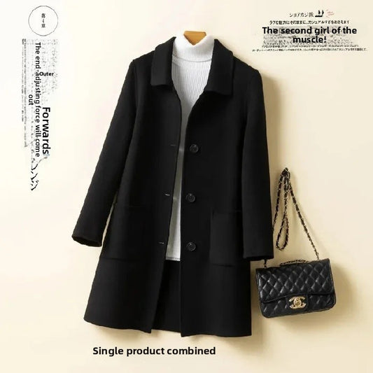 High-End Korean Style Double-Faced Cashmere Woolen Coat for Women Mid-Length Thickened Polyester Fiber Winter Outerwear