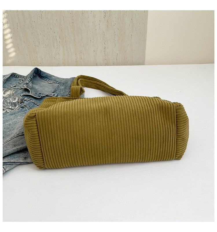 Casual Corduroy Handbag with Zipper Closure Light and Large Capacity Fixed Shoulder Strap Solid Color Daily Commuter Handbag