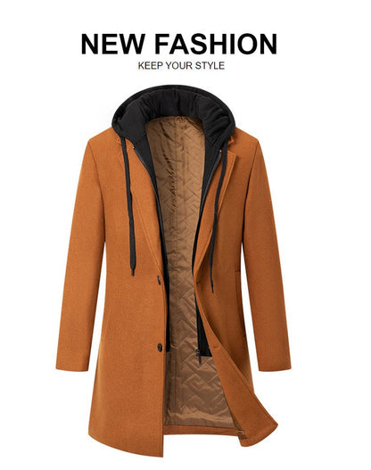 Men's Thickened Fake Two-Piece Wool Blend Overcoat, Hooded Long Coat Man, Autumn Winter Solid Color Slim Windbreaker Men