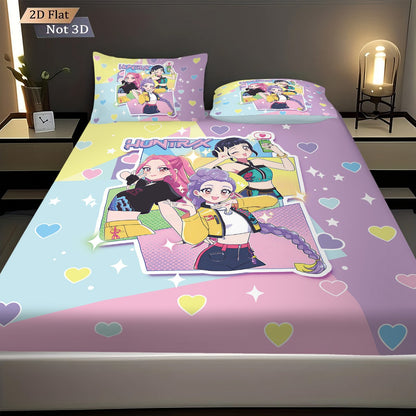 3 Peças K-Pop Caça-Demônios Estampa Lençol Sem Elástico Conjunto de Lençol Multi Tamanho Capa de Cama Macia Decoração de Quarto Lavável à Máquina