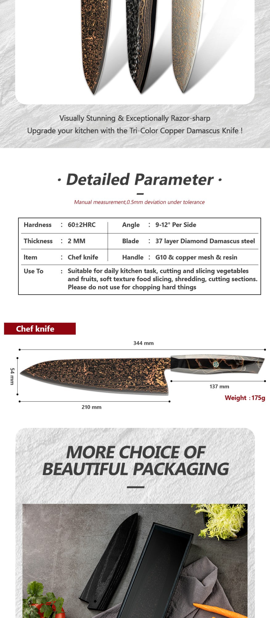 Conjunto de facas de aço Damasco japonês 37 camadas com cobre VG10, facas de cozinha, chef, bife, multiuso, frutas, para descascar, com cabo de resina de malha