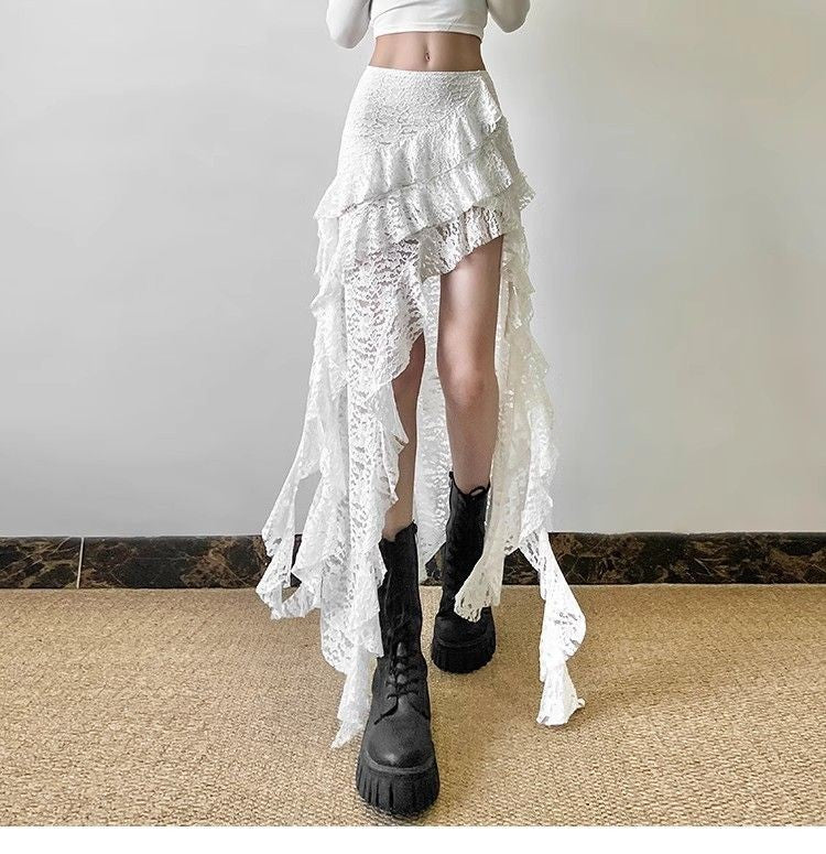 Gothic Skirt 2000s Summer Women's Clothes Gyaru Kpop Streetwear Lace High Waist Casual Aesthetic Long Skrit Femme Hip Hop Skirts