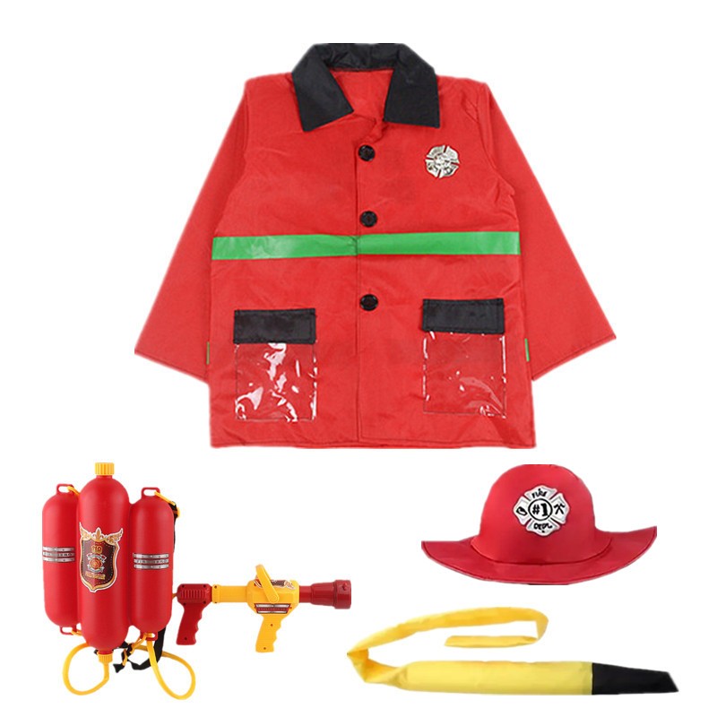 Toddler Firefighter Costume Halloween Role Play Set with Water Gun, Walkie Talkie, Compass Whistle, Party Birthday Gift