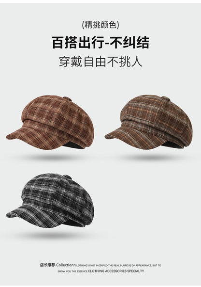 Vintage Plaid Newsboy Cap Women Men British Style Retro Artistic Octagonal Hat Female Male Casual Painter Cap Unisex Fall Winter