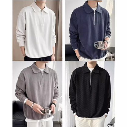 Autumn Vintage Polo Collar Sweater Men's Thickened Loose-Fit Half Zipper Knitwear New Anti-Pilling Flip Pullover Knit Sweaters
