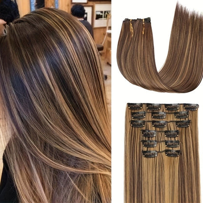 Extensões de Cabelo Sintéticas Lisas Longas com 16 Grampos para Mulheres e Meninas Acessórios para Cabelo