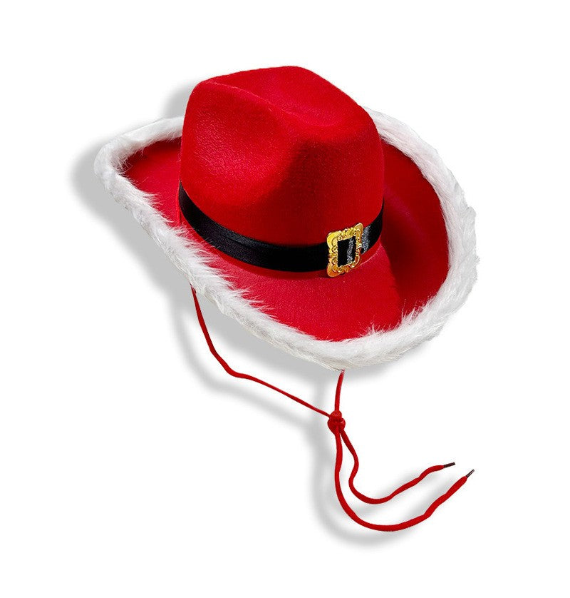 Red Christmas Cowboy Hat with Feather & Gold Buckle, Western Party Hat for Women Men, Floppy French Jazz Cap for Xmas