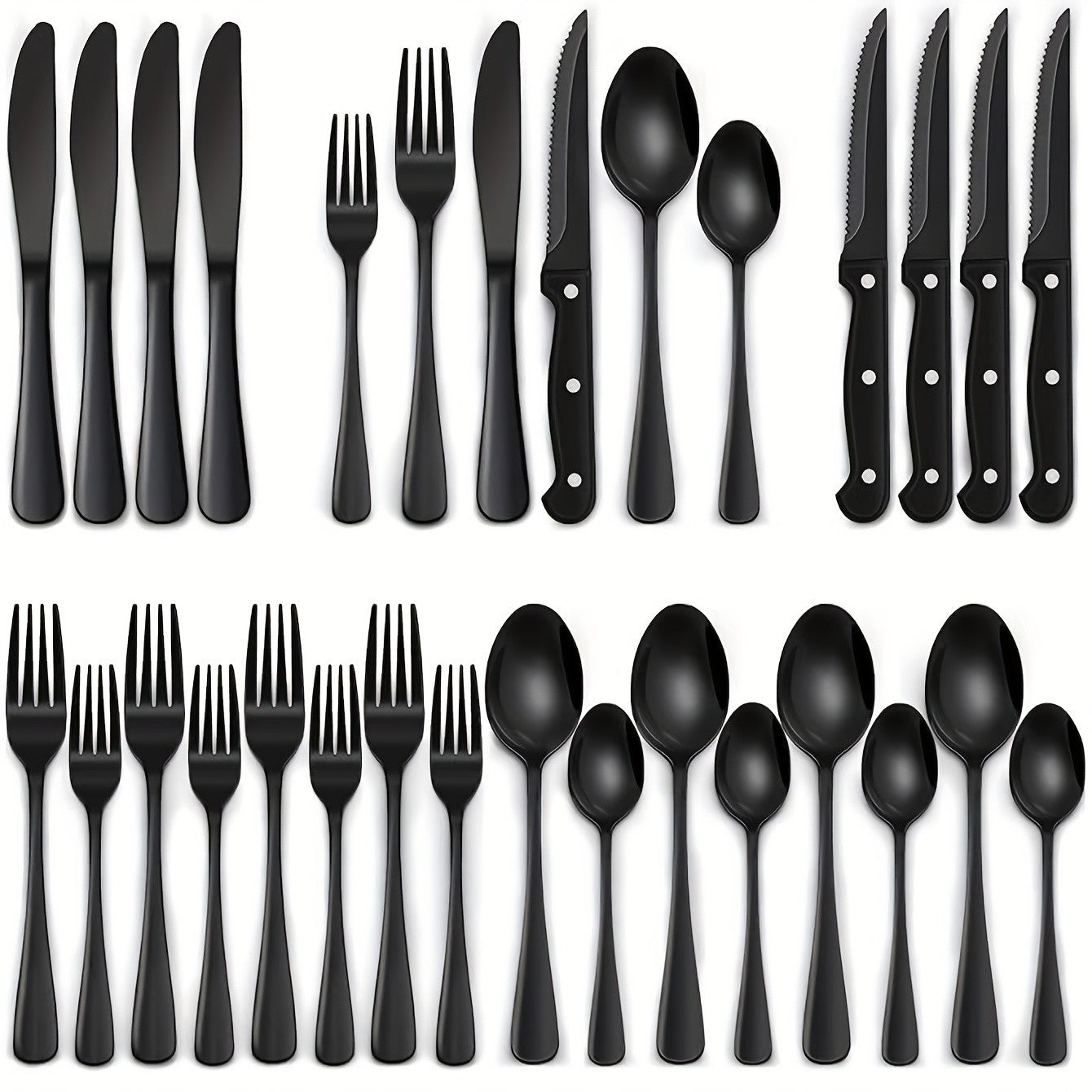 36-Piece Black Silverware Set With Steak Knives, Black Flatware Set Food-Grade Stainless Steel Tableware Cutlery Set